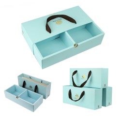 Gold hot stamp logo paper packaging gift drawer boxes with ribbon handle